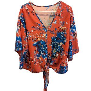 Women's Floral V-Neck Tie Knot Front Blouse, Orange and Blue, Size Large